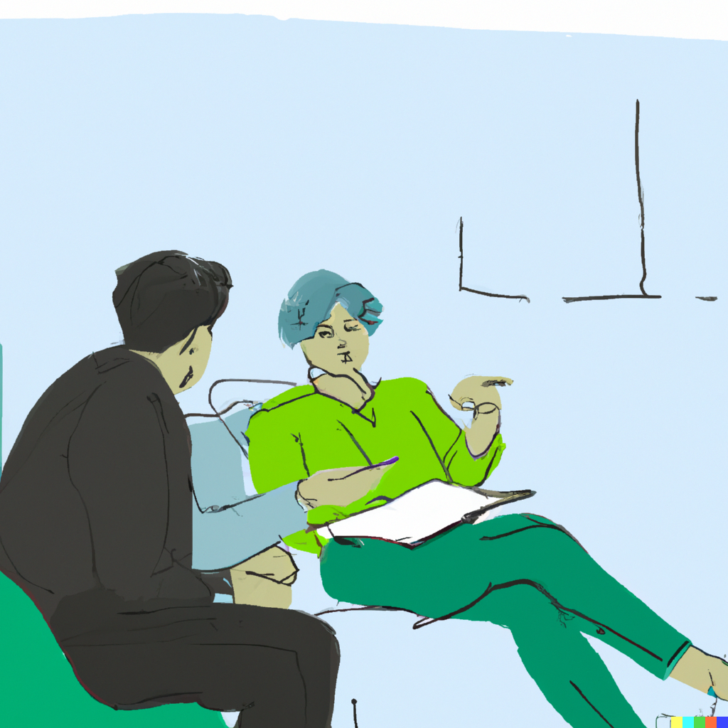 A female DBT therapist sitting opposite the patient describing how to use DBT Distress Tolerance Skills, the patient is leaning forward with interest.