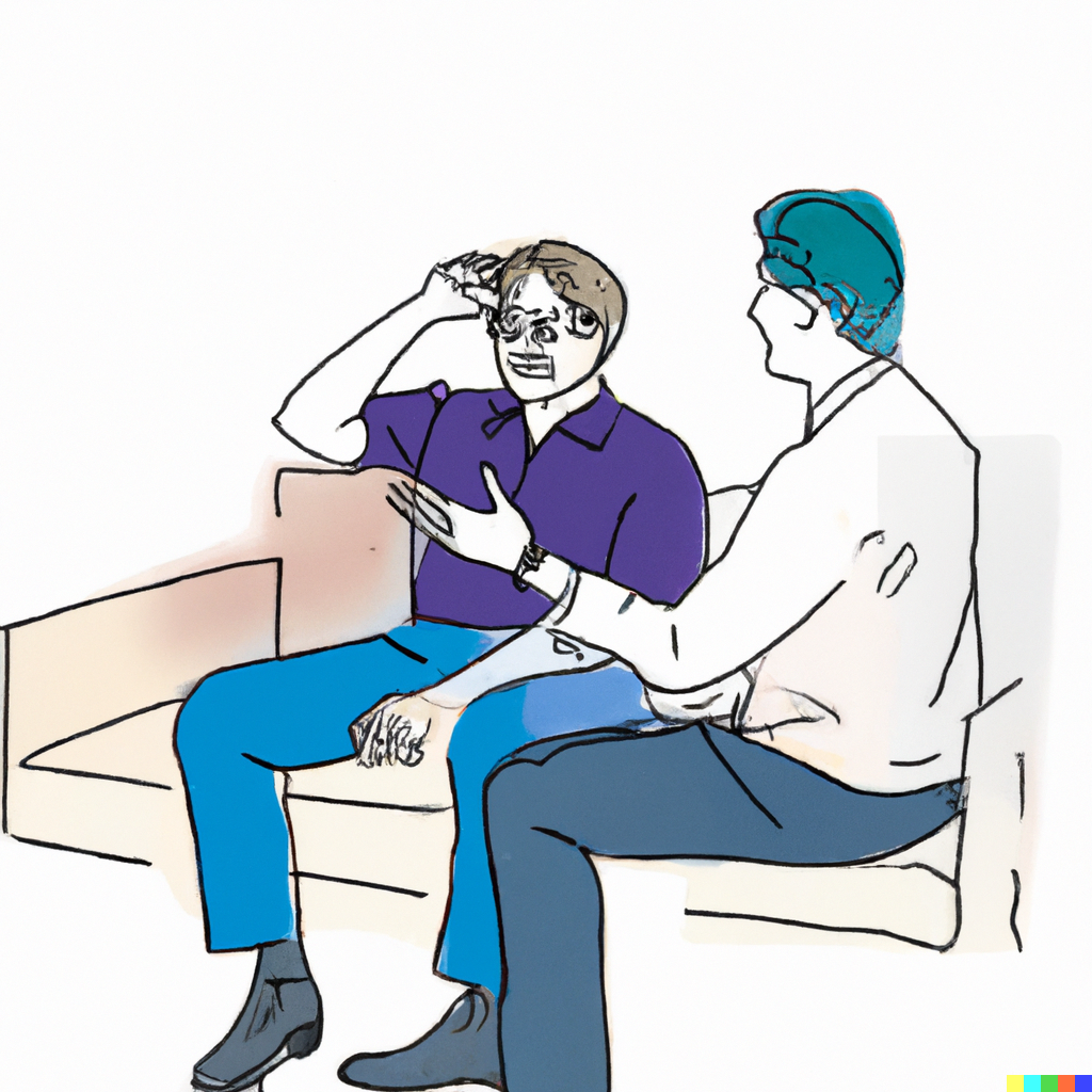 DBT client listens to his DBT therapist describe how to use DBT Distress Tolerance skills, the therapist is facing the patient on a sofa.