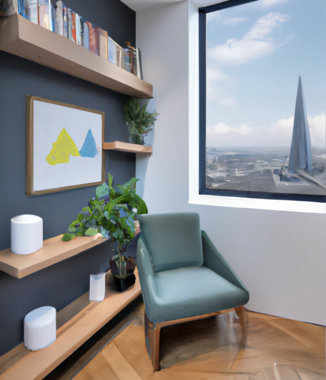 A serene therapy room with a view of London, designed for DBT programs and therapists near you, fostering a calm therapeutic environment.