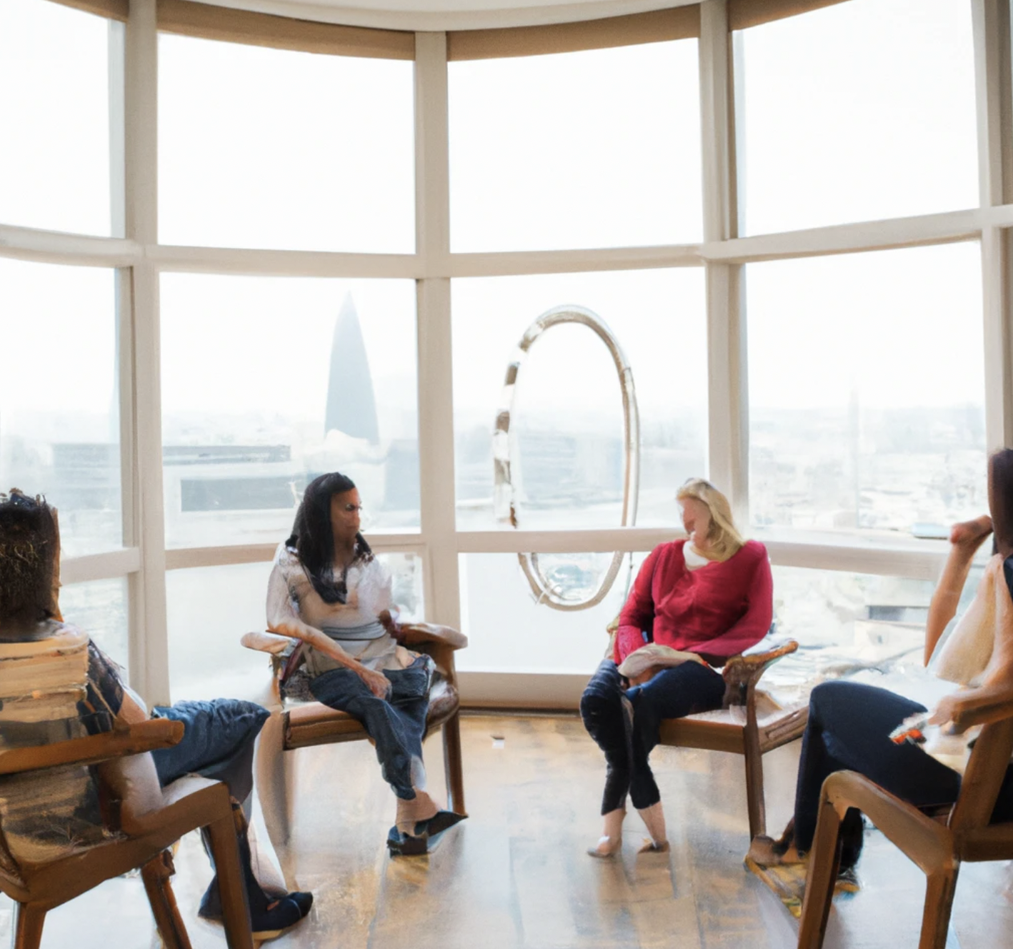 Inclusive and supportive group DBT therapy session in a comfortable London setting, with diverse individuals engaging in conversation, symbolising the empathetic approach of our DBT therapists near you. The London eye landmark can be seen through the large window.
