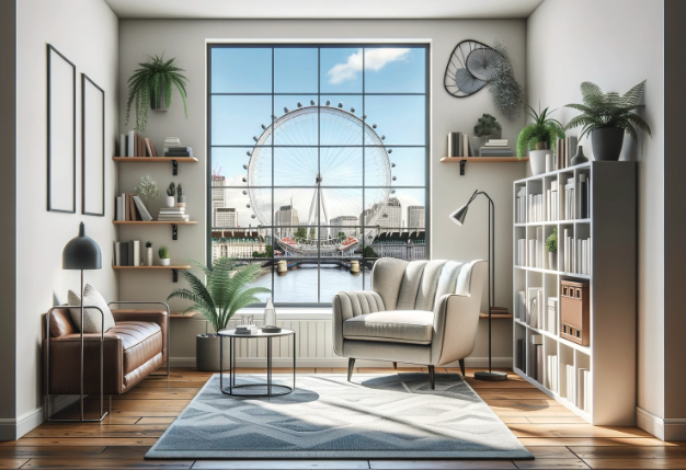 Elegant DBT therapy room overlooking the London Eye, designed for those seeking DBT therapy and programs near me in London.