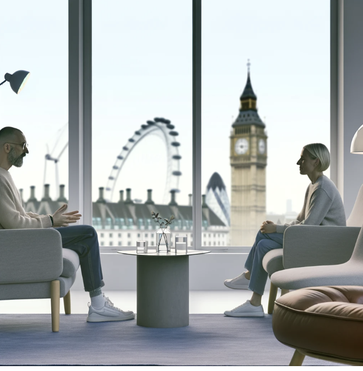 DBT therapy session in progress with iconic London skyline visible through the window, including the London Eye and the Shard.