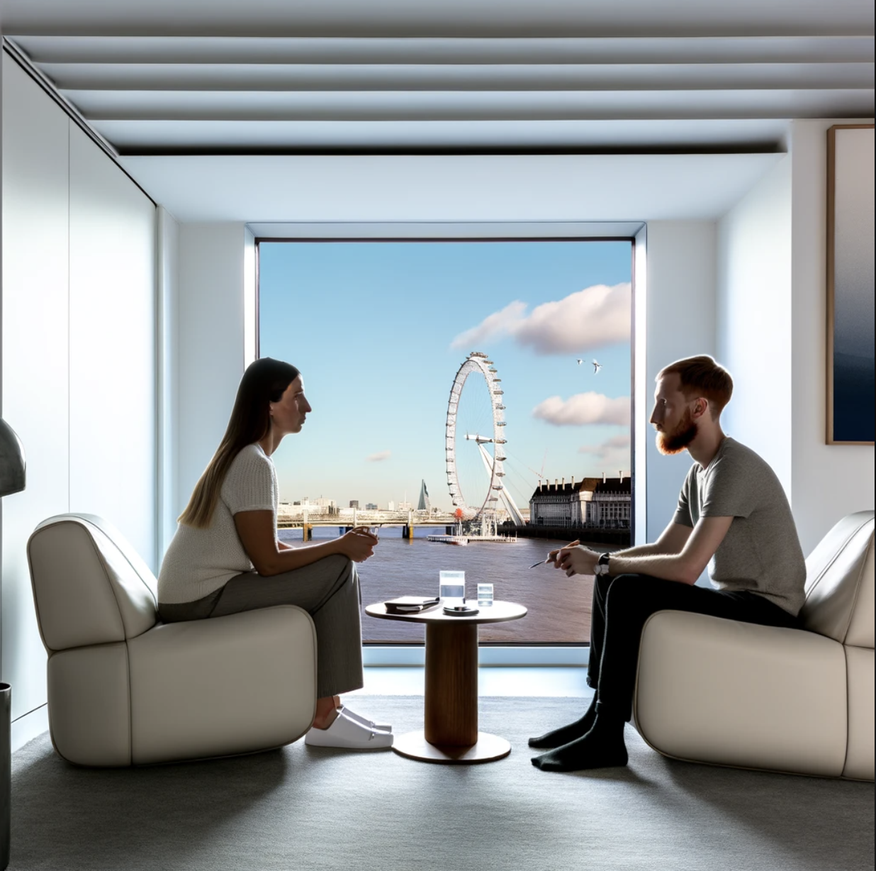 Focused DBT therapy session with a panoramic view of London's skyline, featuring the London Eye and the Shard, through the therapy room's window.