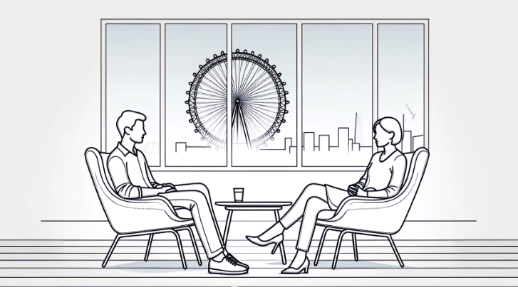 Line art of BPD therapy session with the London Eye in the background, showcasing support for BPD in London.