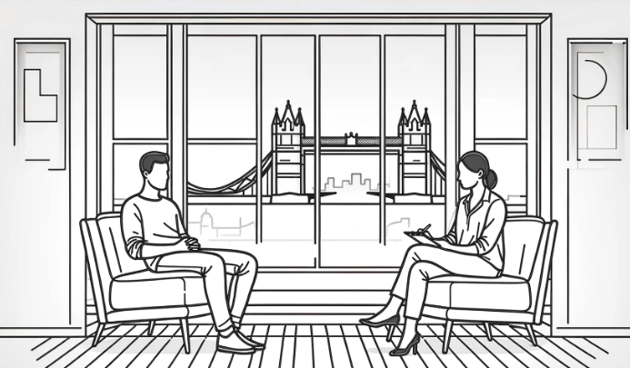 Simplified line art of a BPD support session with Tower Bridge in the background, symbolizing connection and healing in London