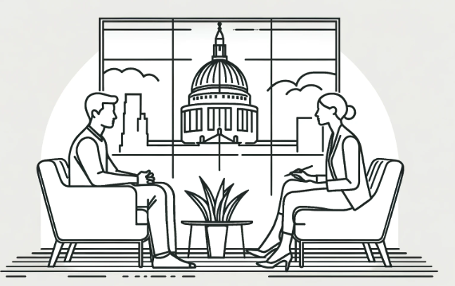 Line art showing a psychotherapy session for BPD with St. Paul's Cathedral visible, blending London's heritage with BPD support.