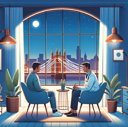 DBT therapy session with patient and therapist overlooking illuminated Albert Bridge in London