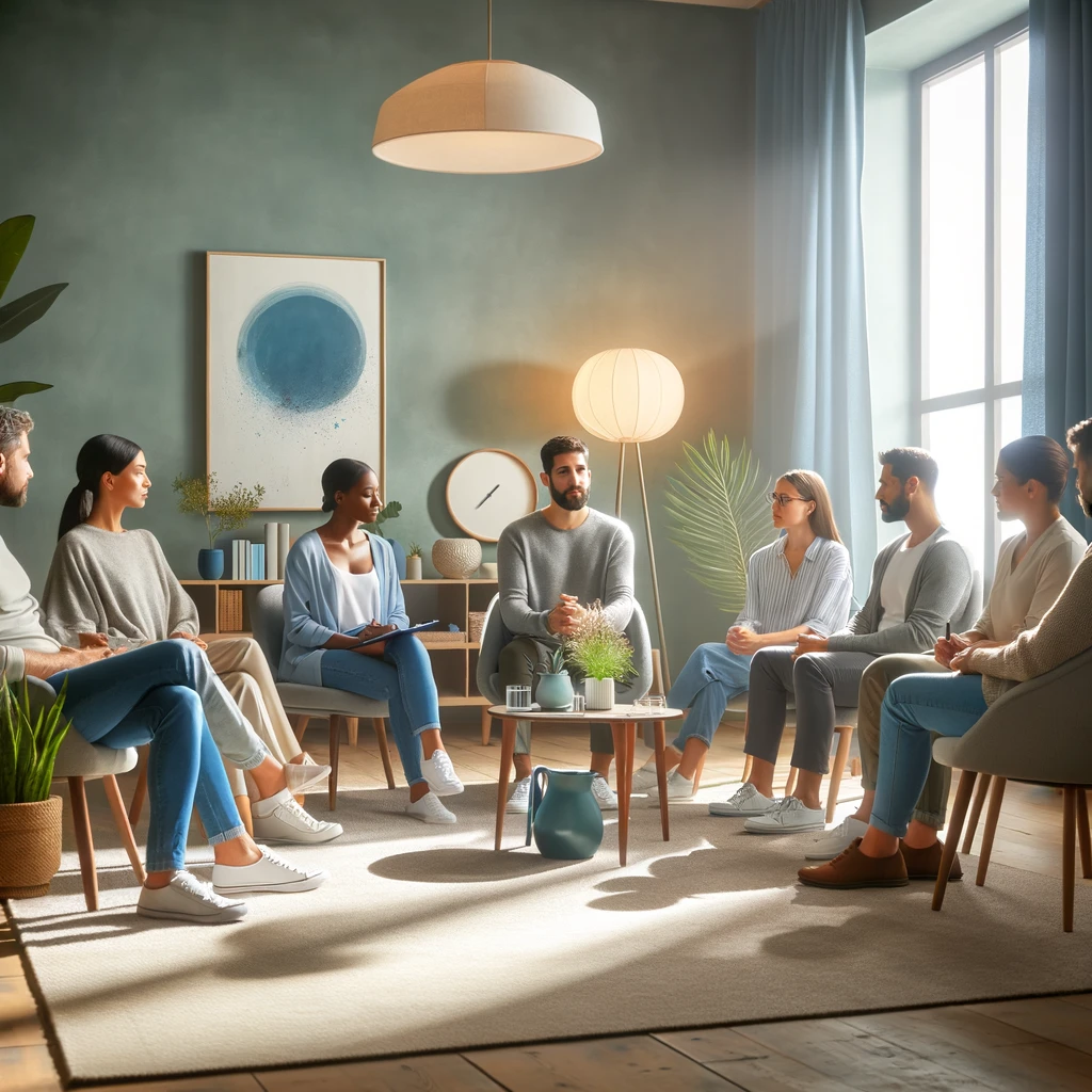 Therapy group session in a calming room with diverse individuals sitting in a circle, engaged in discussion, symbolizing support and community in mental health care.