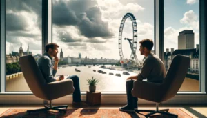 DBT therapy session, London background, London Eye view, therapist and client, modern office setting, River Thames