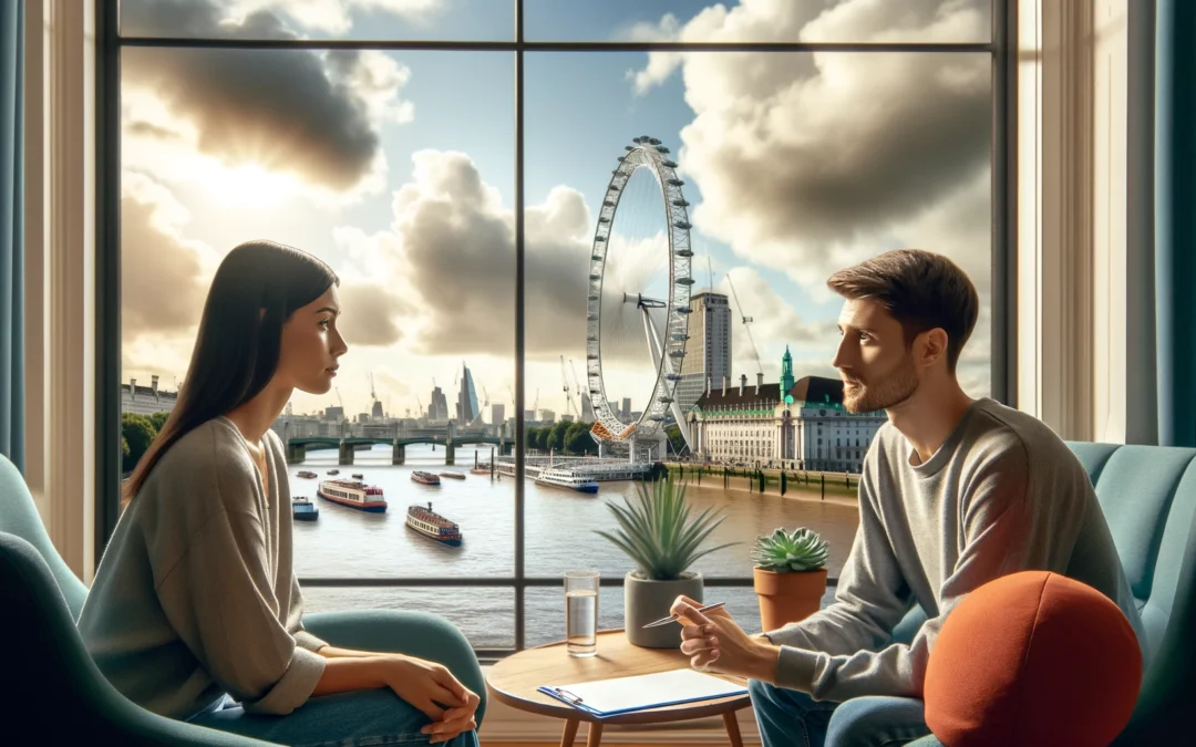 DBT therapy session in a modern office with a view of the London Eye and River Thames.