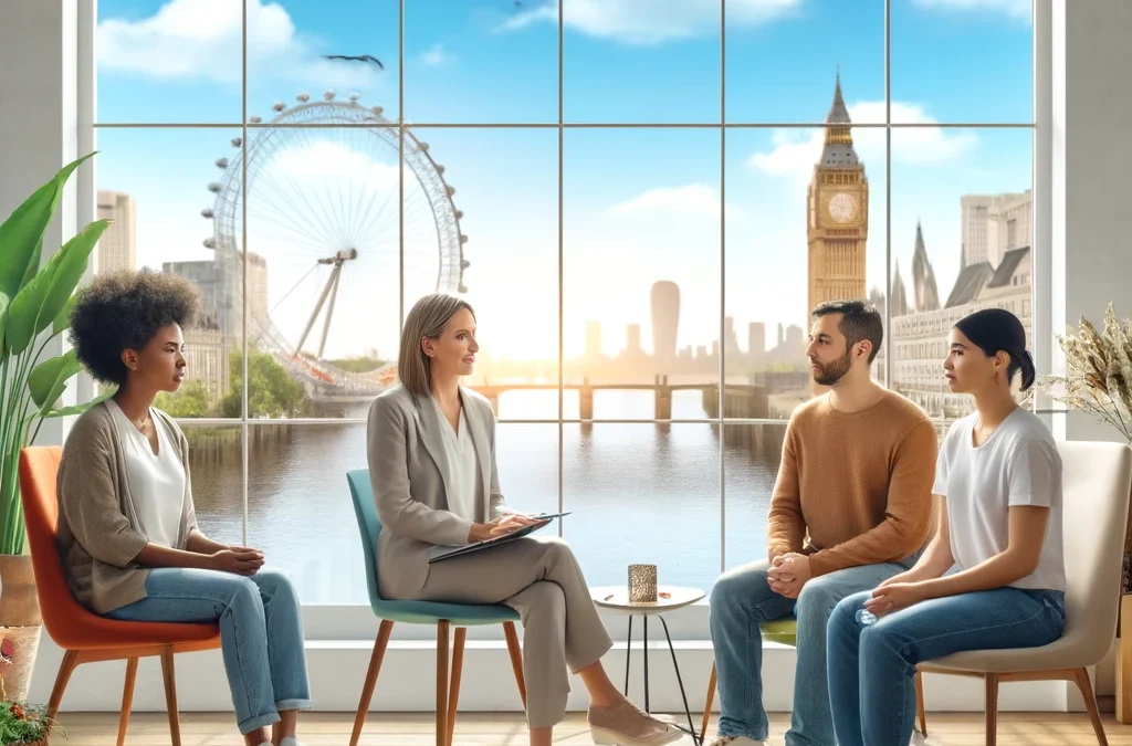 DBT therapy session, diverse group in therapy, light happy colors, London Eye background, River Thames, positive therapy environment.
