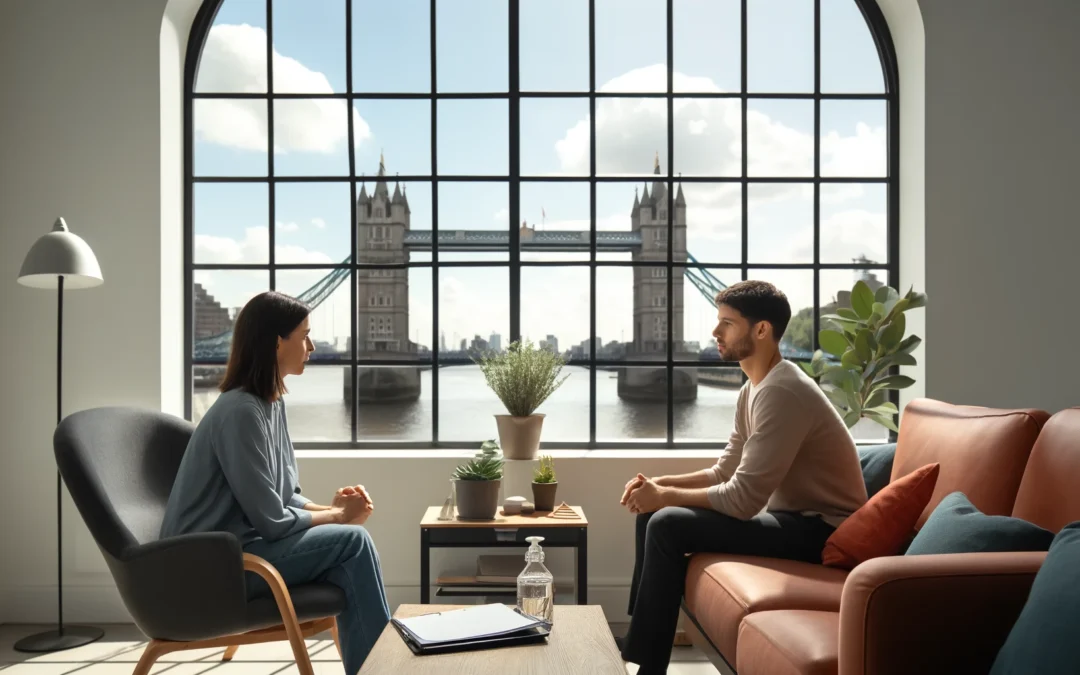 A DBT Therapy session in progress with a therapist and client in a modern office, Tower Bridge visible through the window.