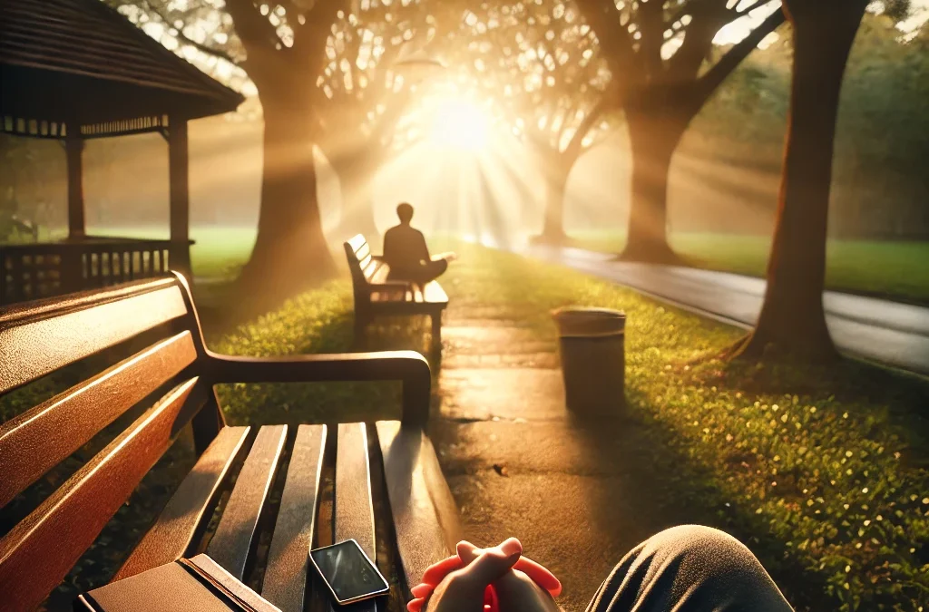 A person seated on a bench in a quiet park during golden hour, practicing mindfulness and emotional regulation with a journal and mindfulness app nearby, symbolizing DBT Therapy support.