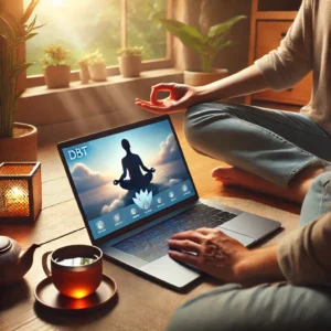 A person practicing mindfulness during an Online DBT therapy session, seated with a laptop in a serene home environment featuring natural light, a soft cushion, and a cup of herbal tea.