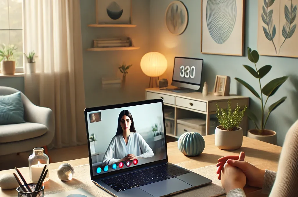 Online DBT therapy session with a therapist and client video call in a serene home office setting, emphasizing mindfulness and emotional support.