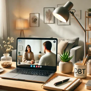 Close-up of a laptop during an online DBT therapy session with a therapist and client in a calm environment, featuring DBT materials, notebook, and pen.