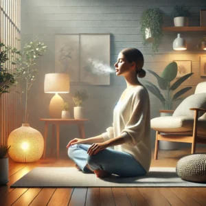 Person practicing mindfulness indoors, representing DBT therapy techniques for anxiety management in a calm, self-care setting