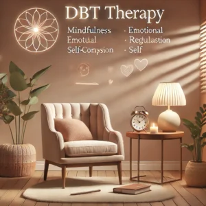 Serene therapy room with cozy chair, plants, and mindfulness tools, representing DBT therapy for mental health support.