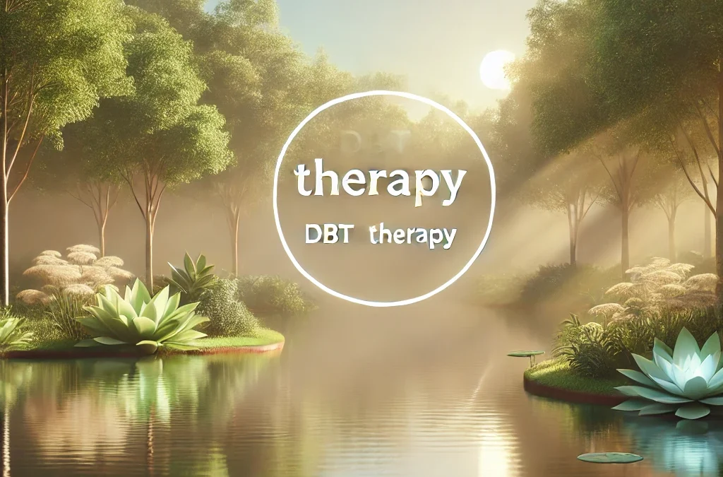 A serene sunrise over a tranquil lake surrounded by green trees, symbolizing mindfulness and emotional balance for DBT therapy and DBT online.