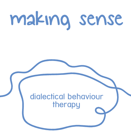 Logo design with the phrase 'Making Sense' and 'Dialectical Behaviour Therapy' in minimalist blue text, symbolizing clarity and support through DBT therapy.