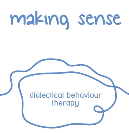 Logo design with the phrase 'Making Sense' and 'Dialectical Behaviour Therapy' in minimalist blue text, symbolizing clarity and support through DBT therapy.