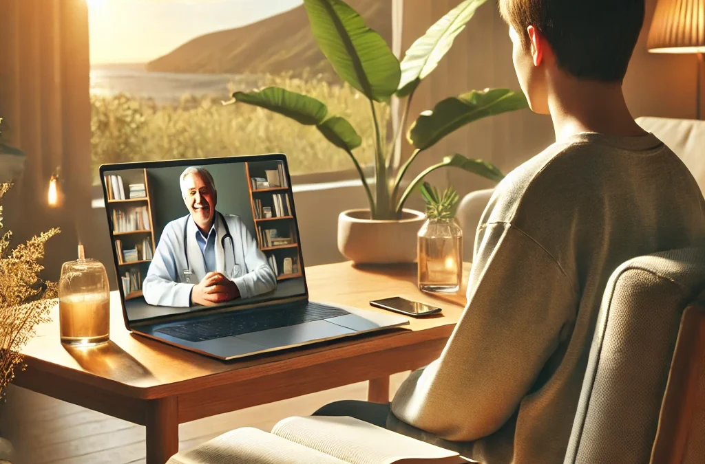 Online DBT therapy session showing a person participating on a laptop, surrounded by a calm environment with natural light, a plant, and a notebook, symbolizing the principles of DBT Therapy and mindfulness.