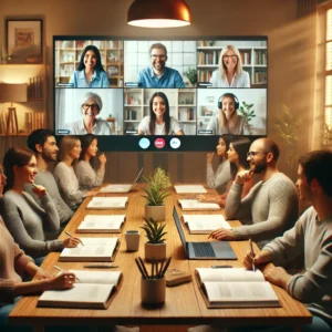 Diverse group participating in an Online DBT group skills training session via video conferencing, symbolizing the collaborative and supportive aspects of DBT Therapy.